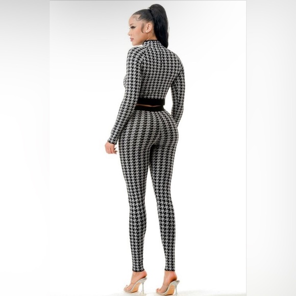 Gray/Black Houndstooth Soft Knit Casual Set Turtleneck Top/Pants Long Sleeve - Picture 7 of 8
